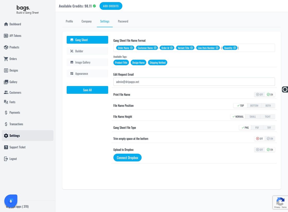 Gang Sheet tab settings