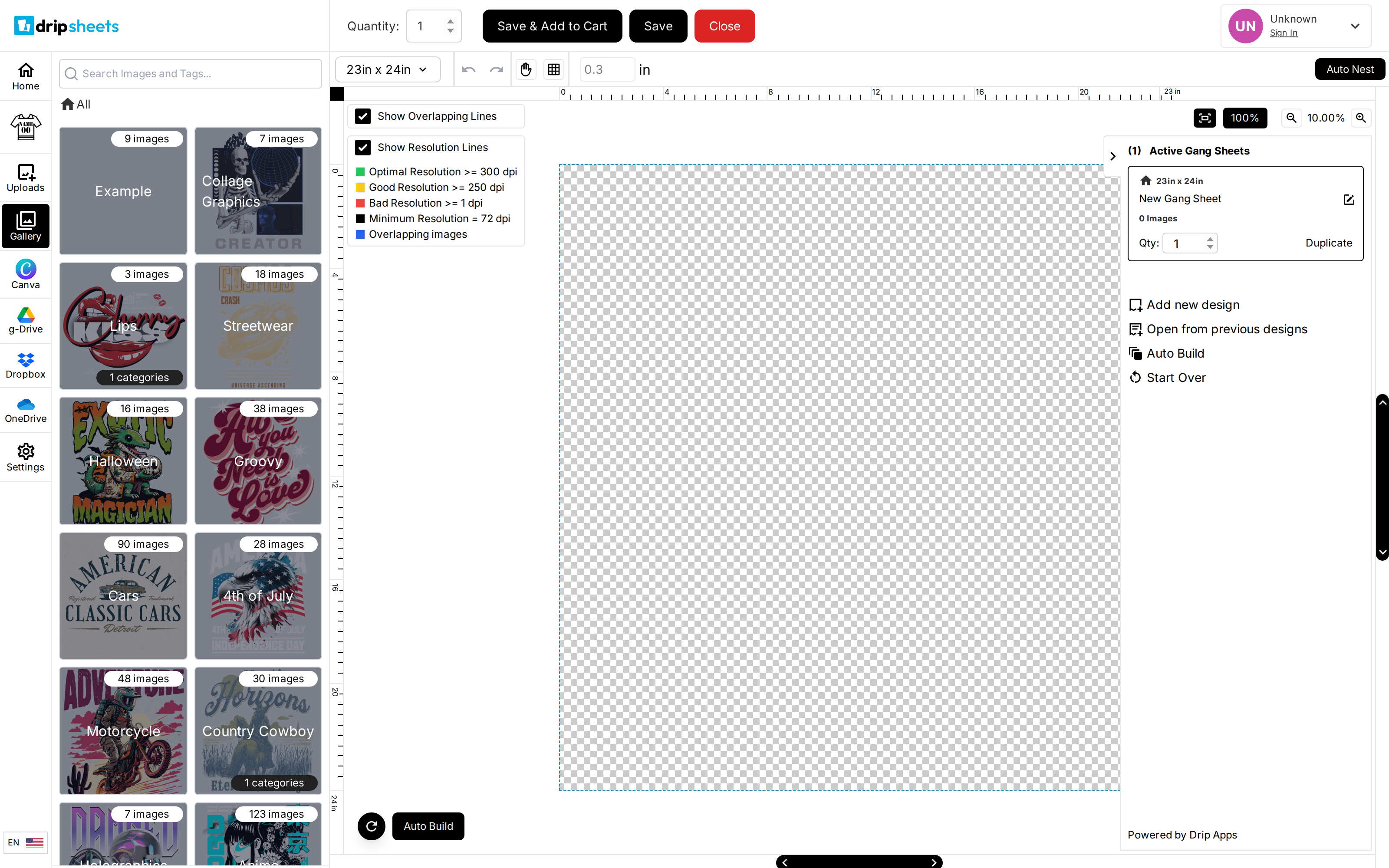 The Gallery tab open in the builder, with a Search Images and Tags box, an All breadcrumb, and category tiles each badged with how many images it holds.
