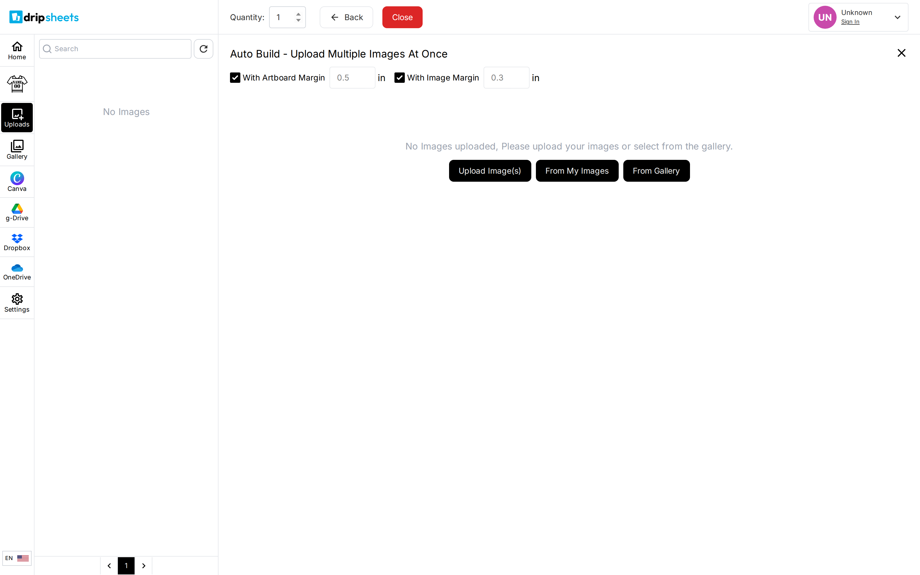 The Auto Build screen titled Upload Multiple Images At Once, with With Artboard Margin and With Image Margin checkboxes and their values, above buttons for Upload Image(s), From My Images and From Gallery.
