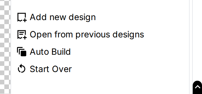 The gang sheet actions list: Add new design, Open from previous designs, Auto Build, and Start Over.