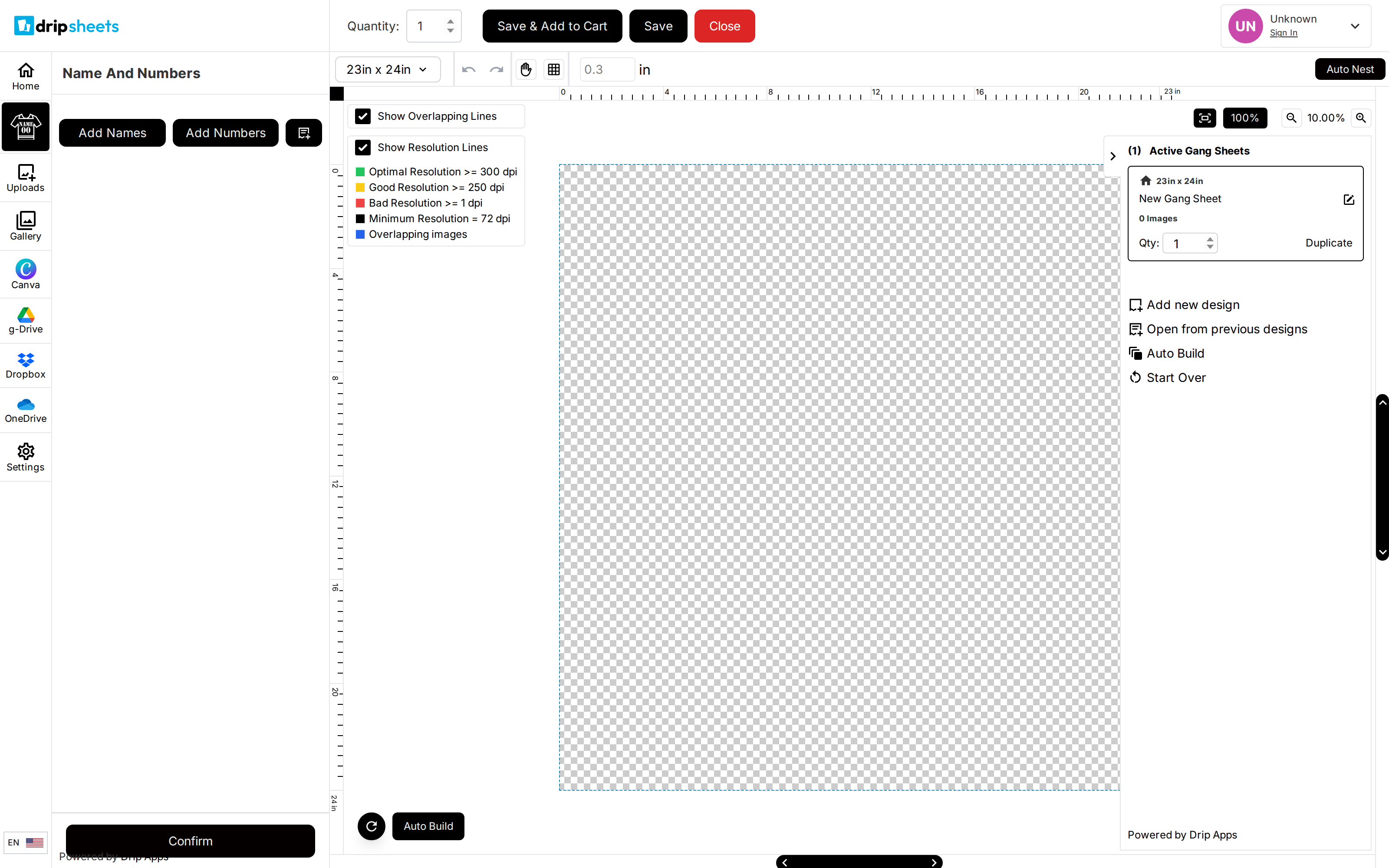 The Name And Numbers panel in the builder, offering Add Names, Add Numbers and Confirm.