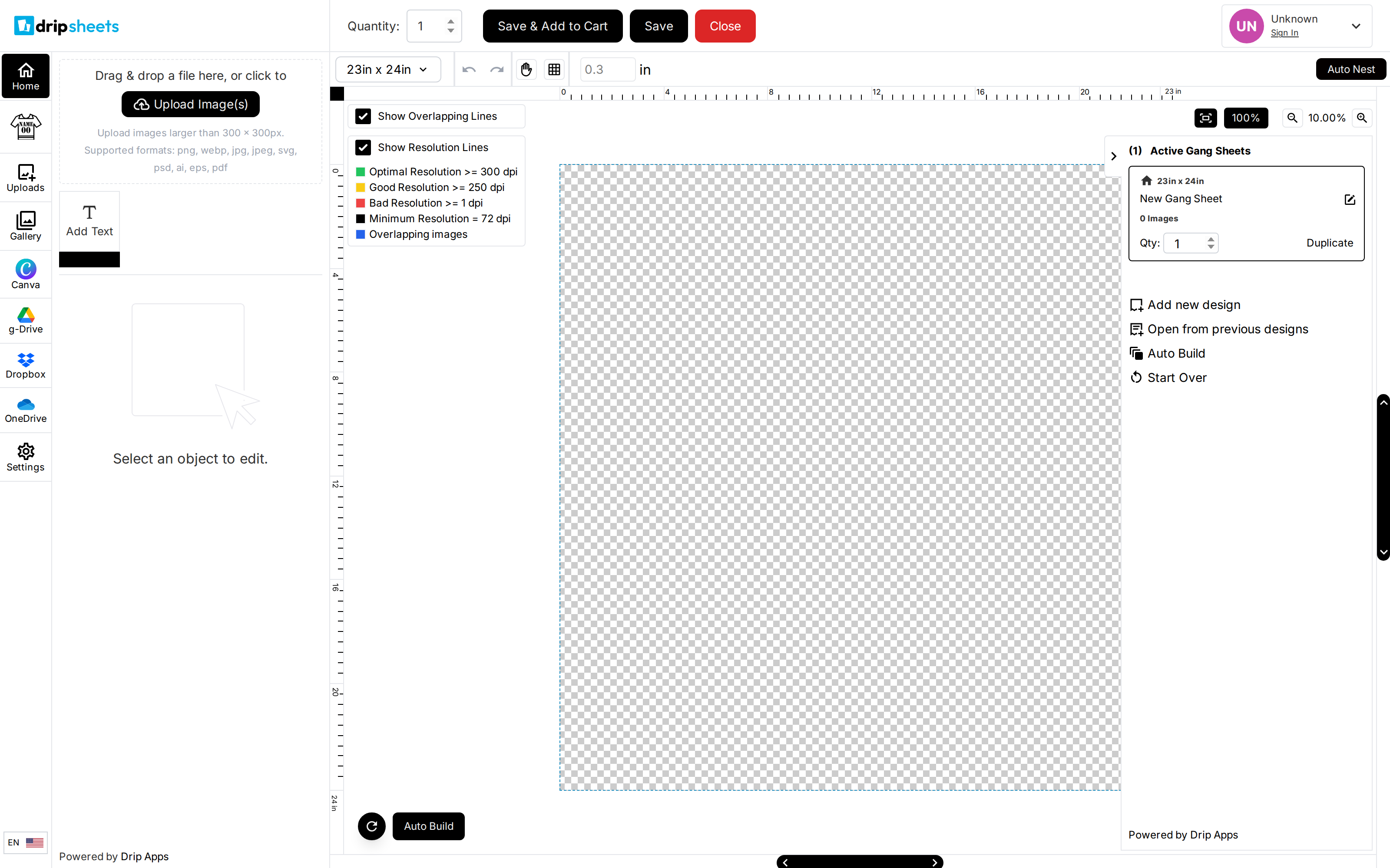 The gang sheet builder: a source rail down the left with Home, Uploads, Gallery, Canva, Google Drive, Dropbox and Settings, the sheet canvas in the middle with rulers, and the active gang sheets panel on the right.