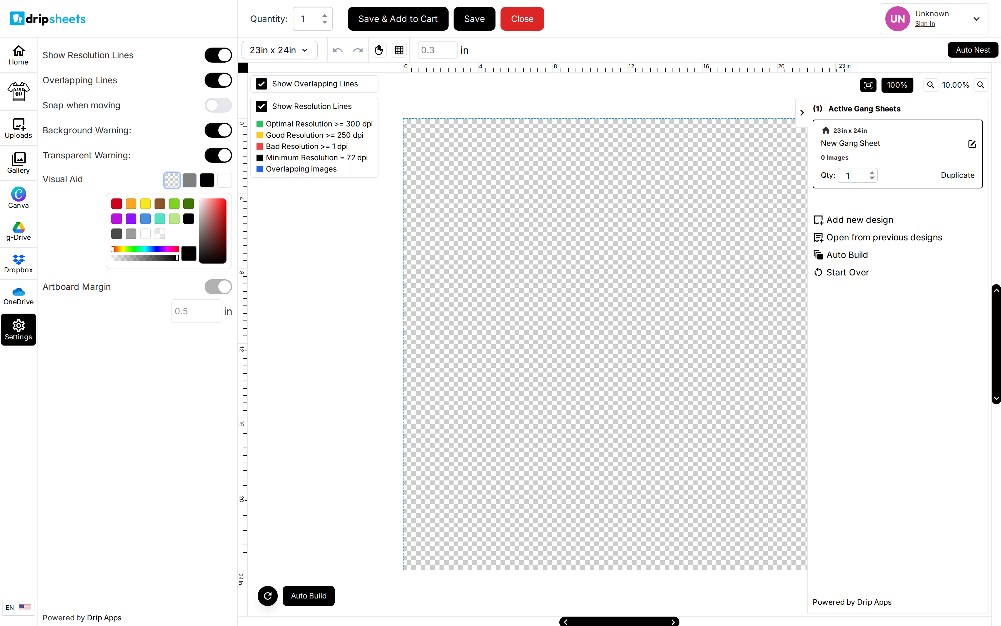 The Settings panel listing Show Resolution Lines, Overlapping Lines, Snap when moving, Background Warning, Transparent Warning, Visual Aid with its colour swatches, and Artboard Margin.