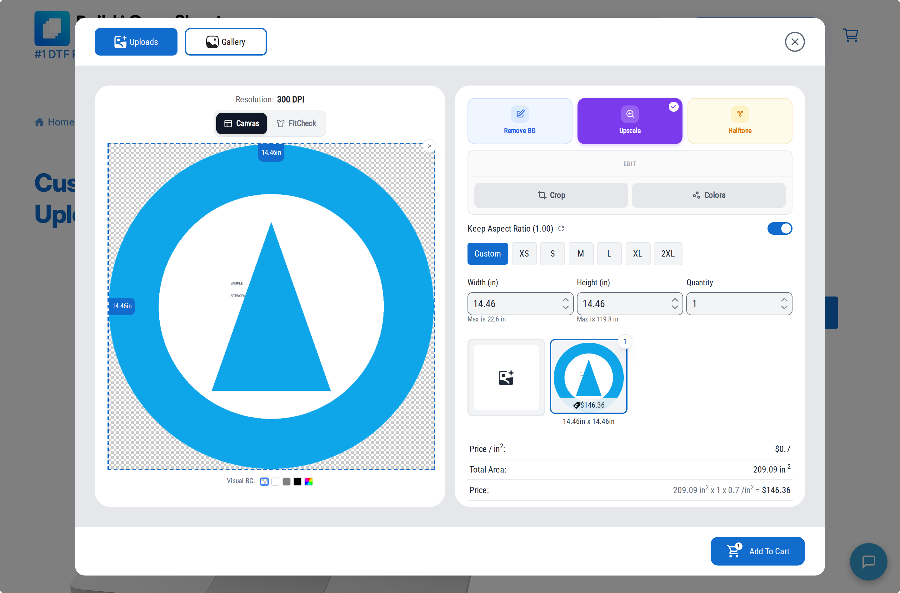The window after one design is uploaded, showing the preview on the left and the size, quantity, resolution and price panel on the right.
