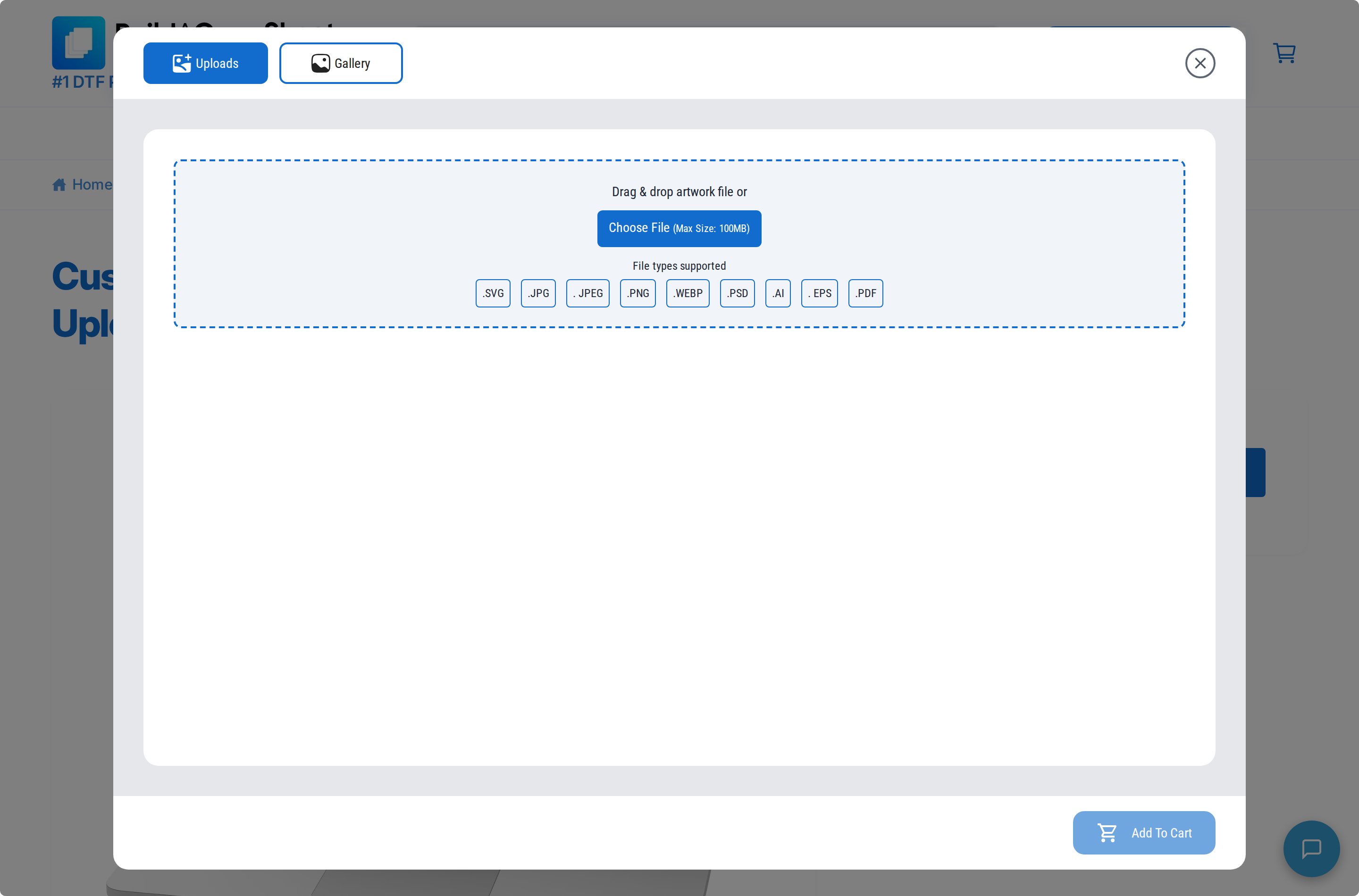 The Upload by Size window, with the Uploads and Gallery tabs across the top and a drag and drop area below.